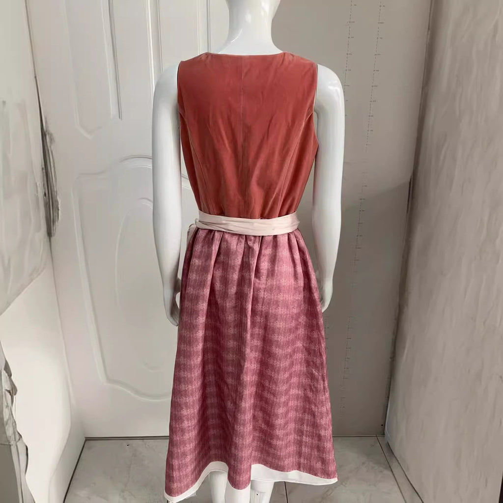 Brick Red Woman Square-neck Slim-fit Bow Dress