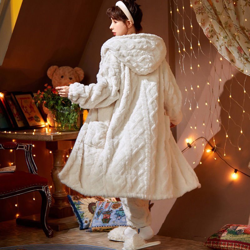Long Flannel Robe Bathrobe Loungewear Set
